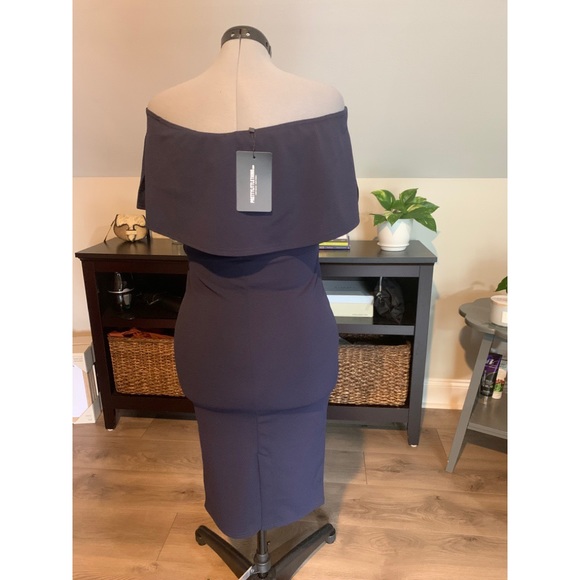 Navy Bardot Frill MIDI Dress - Picture 2 of 4